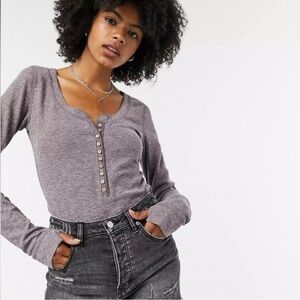 Gray/ Purple Free People Long Sleeve Bodysuit with Button Detail